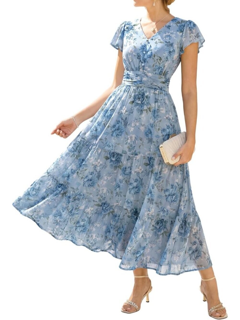 Women's Gray-blue With Blue and White Short Sleeve Floral Formal Flow Maxi Dress